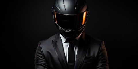 Biker in suit and helmet on the dark background.