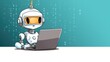 © LoLArt - Cartoon AI chat bot robot answering quetions on laptop demonstrating children friendly future technology and artificial intelligence development