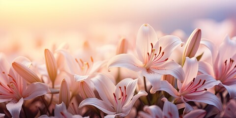 Canvas Print - Flowers background banner - Closeup of white pink beautiful blooming lilies, lilie, lilly( lilium) field