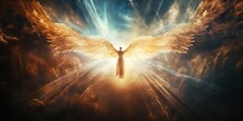 .Glowing Light Flying Angel In Heaven. Religion Spiritual Faith Mythology Vibe