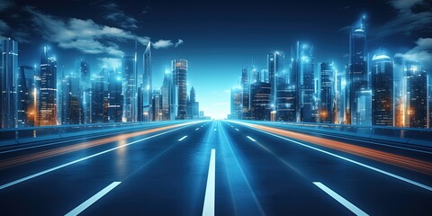 Wall Mural - road in city with skyscrapers and car traffic light trails. banner of infrastructure and transportat