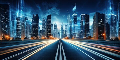 Wall Mural - road in city with skyscrapers and car traffic light trails. infrastructure and transportation backgr