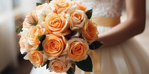 Wall Mural - Stylish bride bouquet elegant. A beautiful wedding bouquet with orange roses in bride's hands. A woman in wedding dress holding flowers. Celebration style concept. Design element. Close up.