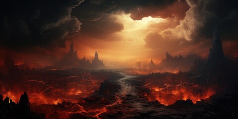 Wall Mural - The crater is erupting, smoke, lava, Apocalyptic volcanic landscape with hot flowing lava and smoke and ash clouds.