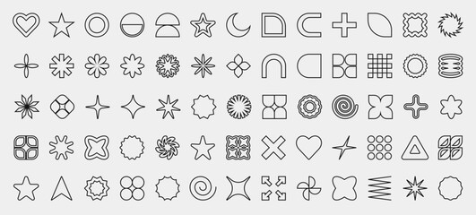 Poster - Set of outline abstract geometric shapes and forms. Brutal contemporary figures, stars, flowers and other primitive elements. Trendy Y2K signs and symbols.