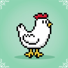 Wall Mural - Chicken in 8 bit pixel art. Cute Animal for game assets in vector illustration.