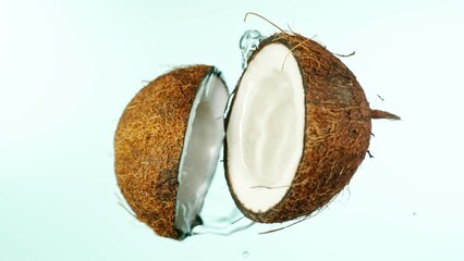 Poster - Super Slow Motion of Coconut Pieces Flying in the Air with Water Splashes. Filmed on High Speed Cinema Camera, 1000 fps. Isolated on Blue Background.