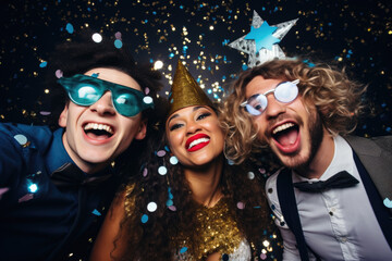 Happy smiling group of mixed race young people with party hats dancing, laughing and having fun at the disco club new year party