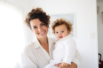 Wall Mural - Portrait of a happy smiling mother holding her baby at home