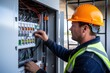 © radekcho - Female commercial electrician at work on a fuse box, adorned in safety gear, demonstrating professionalism. Electrician men at work.