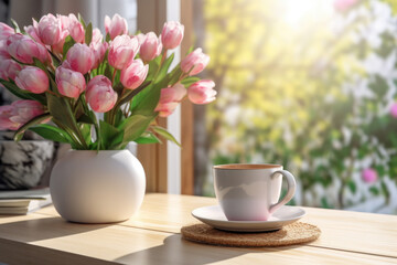 Simple and elegant composition featuring cup of coffee and vase of flowers on table. Perfect for adding touch of warmth and beauty to any setting.