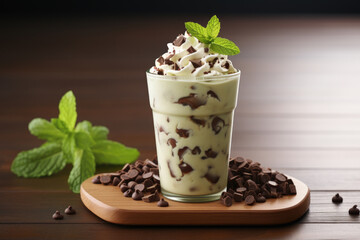 Wall Mural - Delicious chocolate milkshake with chocolate chips and garnish of fresh mint leaves. Perfect for cooling down on hot summer day or satisfying your sweet tooth.