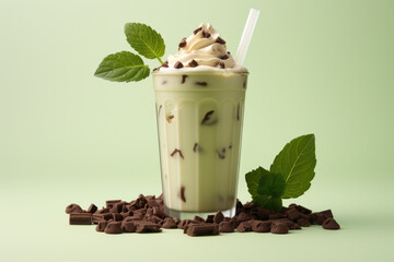 Wall Mural - Delicious milkshake topped with fluffy whipped cream and sprinkled with chocolate chips. Perfect for refreshing treat. Ideal for food and beverage menus, dessert recipes, or summer-themed designs.
