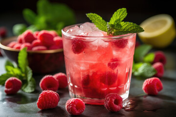 Wall Mural - Glass filled with ice and raspberries sits next to bowl of fresh raspberries. Perfect for summer refreshment or healthy snack option.