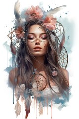 Woman close eyes with long hair flowers and dreamcatcher