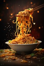 Instant Noodle With Sauce And Vegetables Flying In The Air On Dark