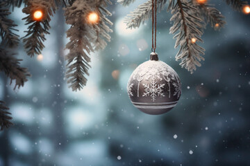 Wall Mural - Beautiful snow globe with Christmas tree on blur background. Generative AI