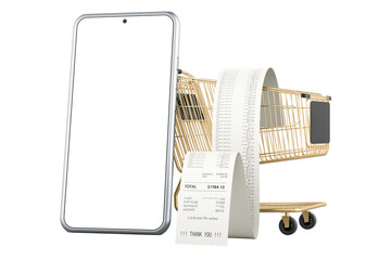Poster - Mobile phone with shopping cart on long receipt. Online shopping, 3D rendering isolated on transparent background