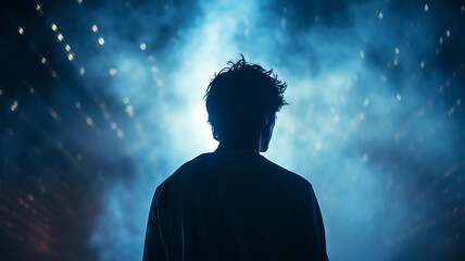 Wall Mural - silhouette of a guy, a man view from the back against a background of blue fog and rays of light, a fictional character computer graphics