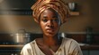 Unhappy overworked African housewife feels distressed sick and tired of cooking and housework. Upset woman housekeeper tired of household chores. Exhausted lady in the kitchen, fatigue concept.
