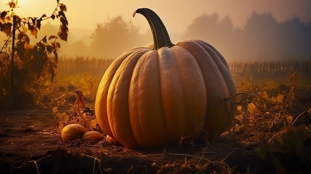 huge ripe orange pumpkin, autumn festive background, halloween calendar, nature harvest, fictional computer graphics