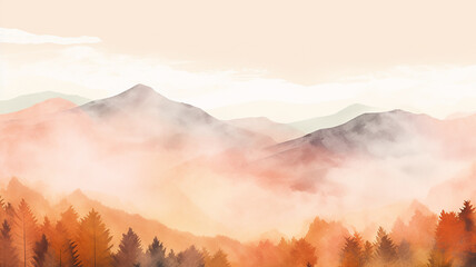 Wall Mural - illustration autumn in the mountains blurred abstract watercolor background in white light and yello