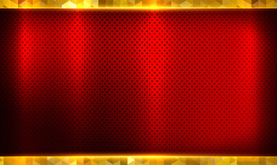 Poster - red metal perforated technology background with shiny metallic gold frame. dark red metal perforated