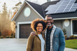 Smiling Middle-Aged African American Couple in Front of Solar-Powered Home. Generative Ai.
