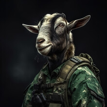 Portrait Of A Goat Dressed In A Tactical Military Outfit On A Clean Background. Farm Animals. Illustration, Generative AI.