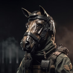 Wall Mural - Portrait of a horse dressed in a tactical military outfit on a clean background. Wildlife Animals. Illustration, Generative AI.