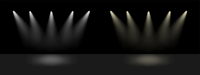 Poster - Theater show spotlight effect. Vector spot lightened stage background. White lamp glow in black concert studio. Night award scene.