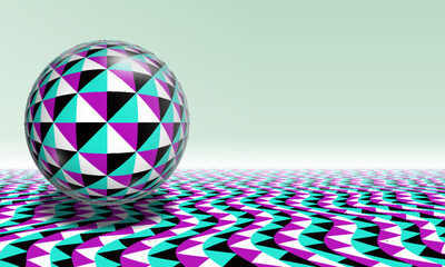 Sticker - Copy space with patterned sphere on surface that creates the optical illusion of movement. Color background for banner, poster, flyer or page.