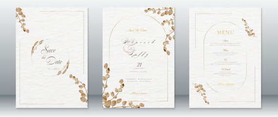 Poster - Wedding invitation card template nature design luxury of gold frame and watercolor background
