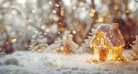 Wall Mural - A small fairy tale cottage in a winter snow covered forest, Christmas background with Miniature paper house