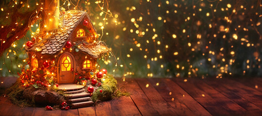 Wall Mural - A small fairy tale illuminated cottage illustration, Christmas background with woodland house made by gnomes and trolls