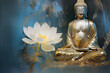 glowing golden buddha statue with lotuses