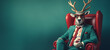 Modern Xmas Deer with hipster sunglasses and business suit sitting like a Boss in chair. Creative animal concept banner. Trendy Pastel teal green background.