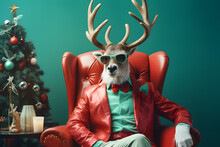Modern Christmas Reindeer With Hipster Sunglasses And Red Business Suit Sitting Like A Boss In Chair. Creative Animal Concept Banner.  Fashionable  Santa Claus's Sleigh Puller.