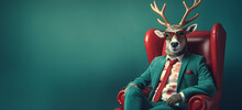 Modern Xmas Deer With Hipster Sunglasses And Business Suit Sitting Like A Boss In Chair. Creative Animal Concept Banner. Trendy Pastel Teal Green Background.