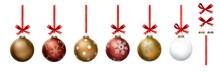 A Collection Of Red, Gold And Clear Christmas Baubles Hanging From Red Ribbon And Bow With Snowflake Glitter Patterns On Them Isolated Against A Transparent Background