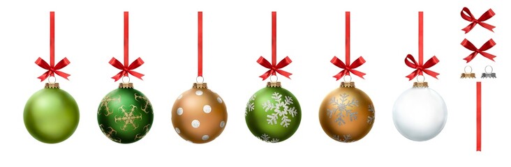 a collection of green, gold and clear christmas baubles hanging from red ribbon and bow with snowfla