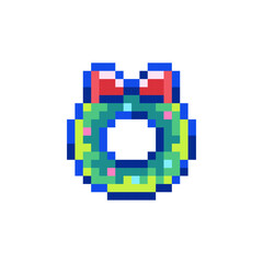 Sticker - Pixel Art Christmas Wreath. Retro 8 bit Style Merry Christmas and Happy New Year Winter Holidays Illustration. Ideal for Sticker, Retro Decorative Element, Game Asset, Emoji, Patch.	