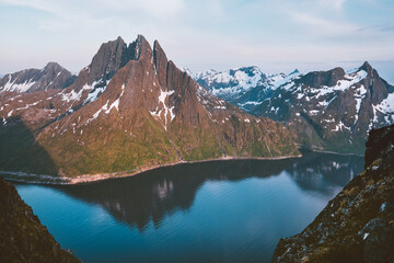 Wall Mural - Senja island landscape in Norway rocky mountains and fjord aerial view travel beautiful destinations sunset scenery scandinavian nature summer season