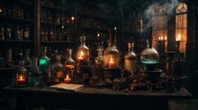 Illustration Of A Spooky Laboratory With Bubbling Potions, Flickering Candles, And Ancient Spell Books