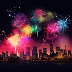 Wall Mural - Colorful fireworks over city skyline created with AI