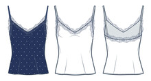 Lace Tank Top Technical Fashion Illustration, Polka-dot Design. Strap Top Fashion Flat Technical Drawing Template, Side Zip-up, Front And Back View, White, Blue Color, Women CAD Mockup Set.