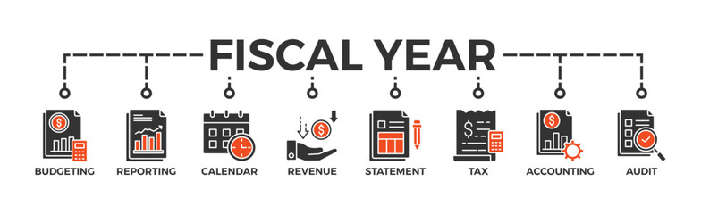 Sticker - Fiscal year banner web icon vector illustration concept with icon of budgeting, reporting, calendar, revenue, statement, tax, accounting, audit