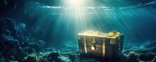 Treasure Chest Underwater In Deep Ocean