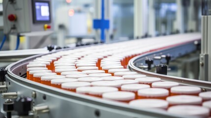 pharmaceutical industry. production line machine conveyor with glass bottles ampoules at factory