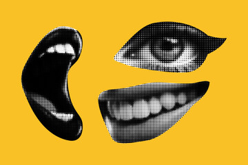 Wall Mural - punk quirky collage elements. eyes and lips and ear in halftone treatment. retro magazine clippings.